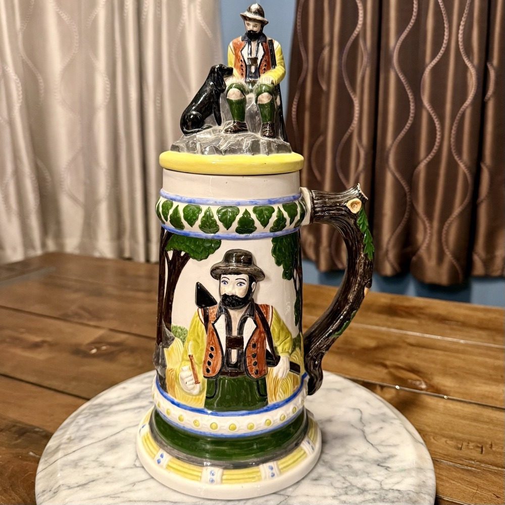 VTG German 3D Beer Stein Mug Lid Bavaria Hunter Dog‎ Deer Hand Painted Hunting
